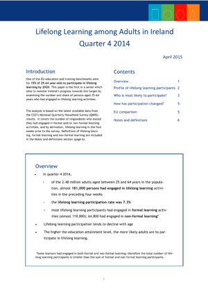 Lifelong Learning among Adults in Ireland, Quarter 4 2014